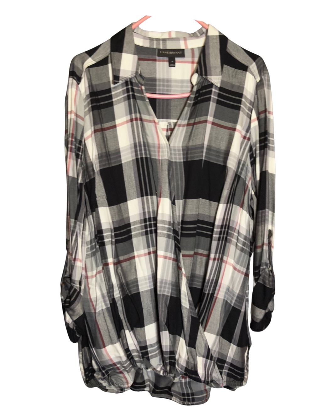 Lane Bryant Black, White & Red Plaid Button-Tab Tunic (0347)